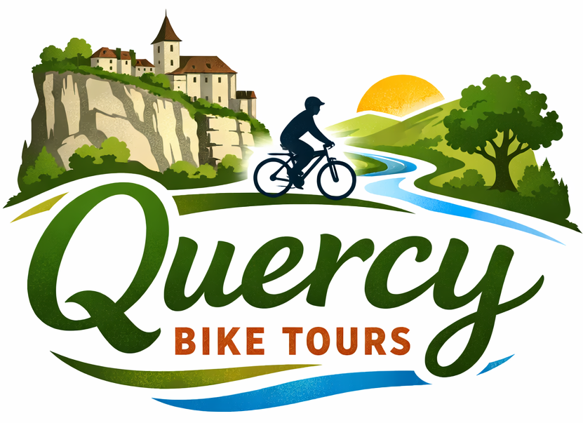 Quercy Bike Tours logo showing a illustration of cycling in the Lot Valley France